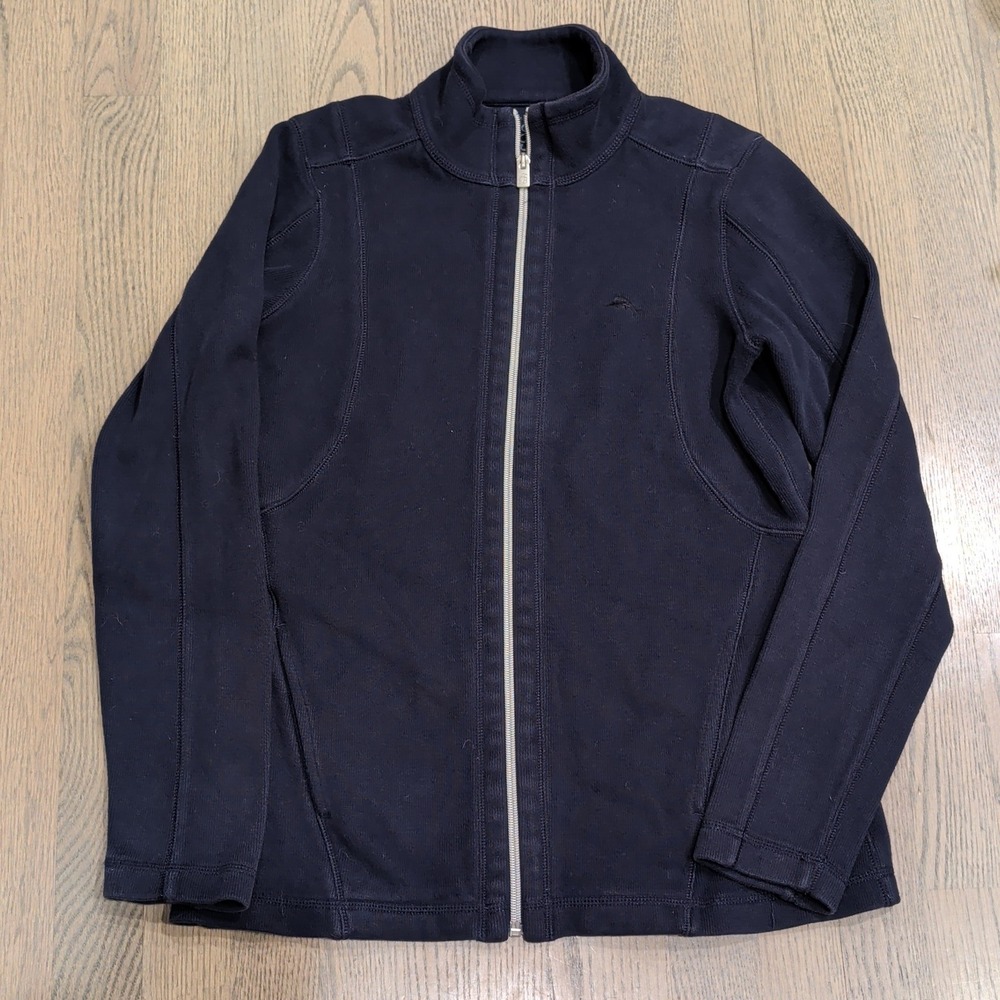 Tommy Bahama Womens Navy Blue Full Zip Mock Neck Knit Jacket Size XS